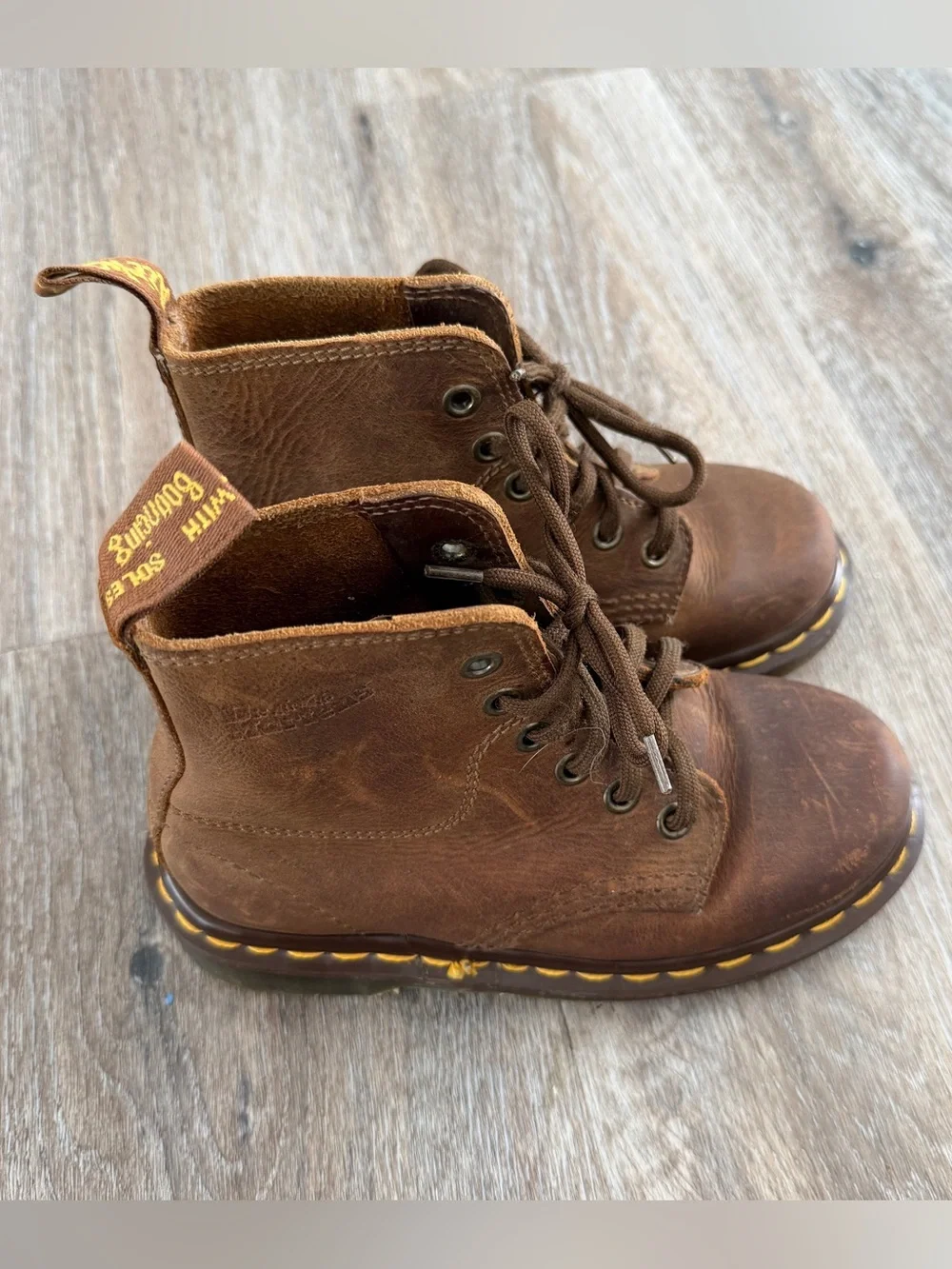 Dr. Martens Kids Brown Leather Lace-Up Boots with Yellow Stitching